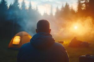 A camper gazes at the glowing campfire while enjoying a tranquil evening beside a tent in the forest during sunset photo