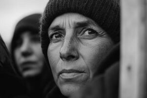 A woman's intense gaze reflecting resilience and strength in a bleak environment during a challenging moment in winter photo