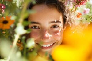 Young person smiling in a vibrant flower field during daylight, surrounded by colorful blooms and greenery photo