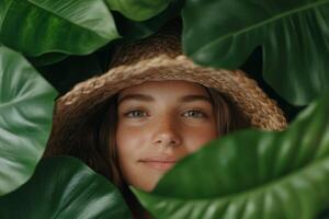 A young woman peeking through lush green leaves while wearing a straw hat, capturing the essence of nature's tranquility in a serene environment photo