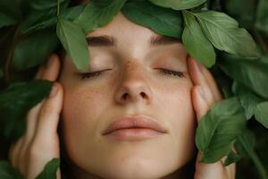 A serene woman surrounded by green leaves embraces nature, promoting relaxation and harmony in a tranquil outdoor setting photo