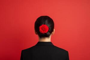 A woman with black hair styled in a bun adorned with a red flower stands against a vibrant red background, showcasing elegance and simplicity photo