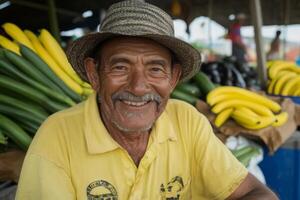 Smiling vendor at a colorful market stall surrounded by fresh produce in a vibrant outdoor setting photo