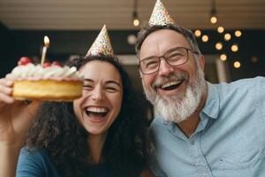Cheerful celebration at home with friends wearing party hats and enjoying a birthday cake filled with joy and laughter photo
