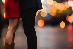 A couple sharing an intimate moment in the city with bokeh lights in the background during a romantic evening photo