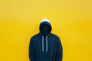 A person in a dark hoodie stands against a bright yellow wall, creating a striking visual contrast photo