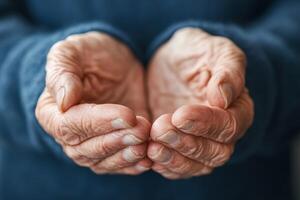 Close-up of aged hands gently cupping, symbolizing care and tenderness photo