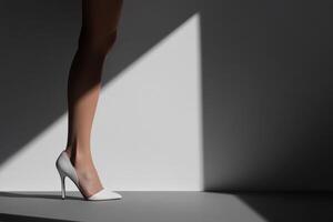 Elegant white high heel shoe on a woman's leg in soft light and shadow highlighting minimalist design in a contemporary setting photo