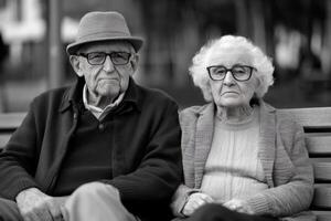 An elderly couple sits side by side on a park bench, enjoying a quiet moment together on a sunny day in the city photo