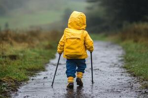 A young child in a yellow raincoat walks along a muddy path during a rainy day in a lush countryside setting photo