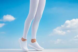 A model showcasing stylish white leggings and sneakers against a bright blue sky with fluffy clouds in a serene outdoor setting photo