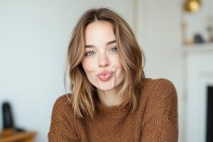 Smiling woman with brown sweater playfully pulls a funny face indoors in cozy living room setting photo