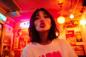 A young woman with a playful expression poses in a vibrant, illuminated cafe during evening hours photo