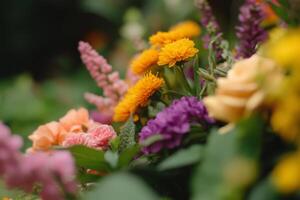 A vibrant collection of blooming flowers in a lush garden during a sunny day in spring photo