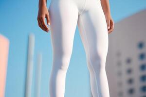 A person wearing stylish white leggings stands confidently against a bright blue sky in an urban setting during the daytime photo
