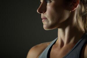 A focused athlete showcasing determination during a training session in a dimly lit gym environment photo