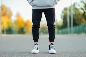 Casual outfit featuring black joggers and white sneakers during a sunny day in a park setting photo