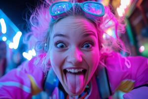 A joyful young woman with vibrant hair enjoys a fun, neon-lit carnival night, playfully sticking her tongue out with excitement photo