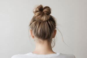 A woman with stylish bun hairstyle facing a plain wall, showcasing a modern look in a minimalistic setting during daylight photo
