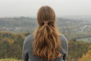 A person gazes out over a misty valley adorned with autumn foliage during a quiet afternoon in the countryside photo