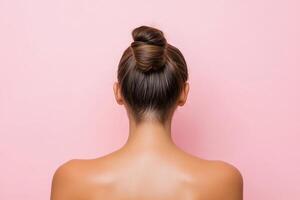 A woman with a sleek bun hairstyle displays her back against a soft pink background in a minimalist setting, highlighting hair styling elegance photo
