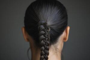 A close-up view of a woman's sleek braided hairstyle seen from the back, showcasing elegant hair texture and neat styling photo