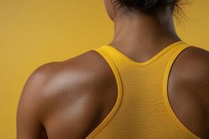Active woman showcasing toned shoulders and back against a vibrant yellow background during a workout session photo