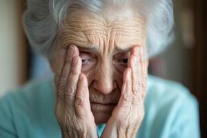 Elderly woman expresses deep emotional distress while sitting indoors in soft lighting during a quiet afternoon photo