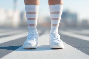 Footwear on a crosswalk with white sneakers and striped socks against an urban backdrop during daylight hours photo