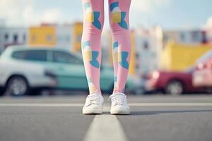 Colorful floral leggings and white sneakers stand out in a vibrant city parking lot during daylight photo