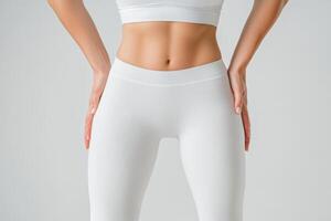 Woman in white leggings showcasing a fit physique and trendy athletic wear in a minimalist studio setting during daylight photo