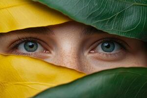 A close-up view of a person's striking blue eyes peeking through vibrant green and yellow leaves in a natural setting photo