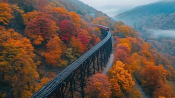 Scenic autumn railroad through vibrant fall foliage in mountain landscape photo