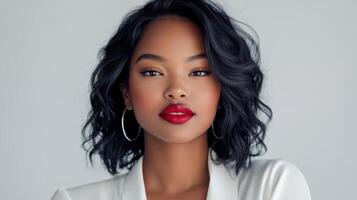 Confident woman with short black curly hair and red lipstick looking forward photo