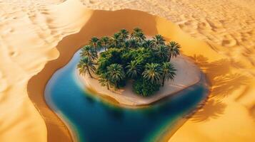 Aerial view of oasis with palm trees and blue water surrounded by desert sand dunes photo