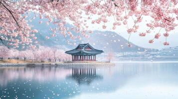 Tranquil cherry blossom view of traditional asian pavilion by serene lake photo