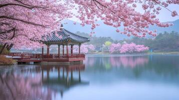 Serene lakeside pagoda surrounded by cherry blossoms in tranquil spring landscape photo