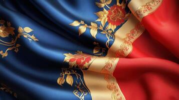 Luxurious red and blue fabric with gold floral patterns for interior design concepts photo