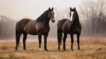 Two majestic horses standing in foggy field amidst bare trees in early morning photo