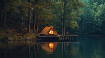 Peaceful camping site by forest lake with illuminated tent reflected in water photo