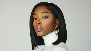 Elegant portrait of a woman with bob hairstyle and gold earrings against a neutral background photo