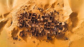 Aerial view of abandoned desert village ruins surrounded by sand dunes and deserted buildings photo