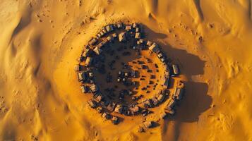 Aerial view of desert circular settlement surrounded by sand dunes at sunset photo