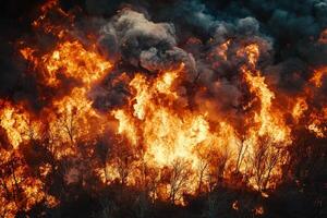 Intense forest fire with dense smoke and flames engulfing trees in wilderness photo