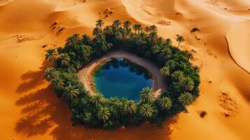 Aerial view of lush oasis amidst vast desert dunes depicting tranquil contrast photo