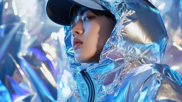 Futuristic fashion portrait of a woman in silver jacket with reflective hood photo