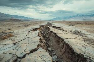 Large crack in dry earth of desert landscape with distant mountains and cloudy sky photo