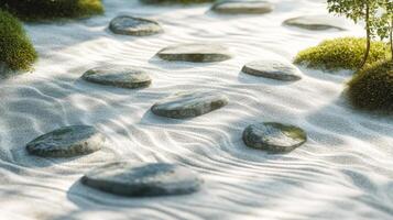 Tranquil japanese zen garden with stone path on white sand background photo