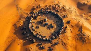 Aerial view of circular desert village with traditional sandstone houses photo