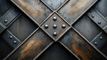 Industrial metal surface with rusted steel plates and textured bolted design photo